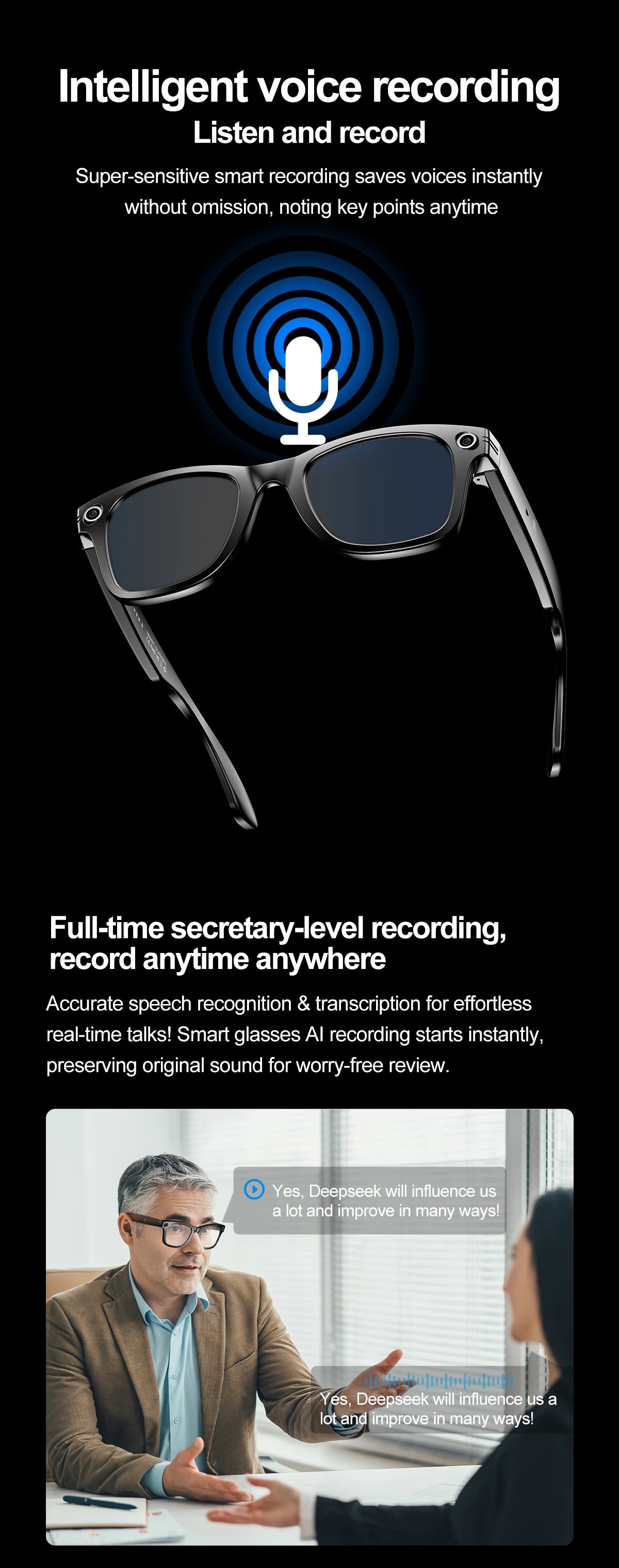 AI Camera Smart Glasses IP65 Waterproof Bluetooth for Call and Music Use ChatGPT
