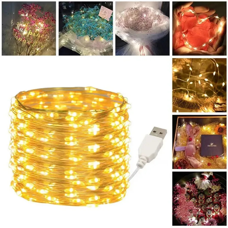5/10/20M USB LED String Copper Silver Wire Garland Light Waterproof Fairy Decoration