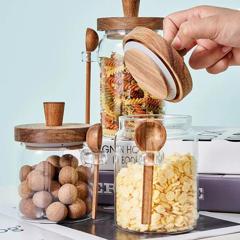 Glass Sealed Jar 5 Grains Storage Can & Wooden Spoon Kitchen Moisture-proof Storage