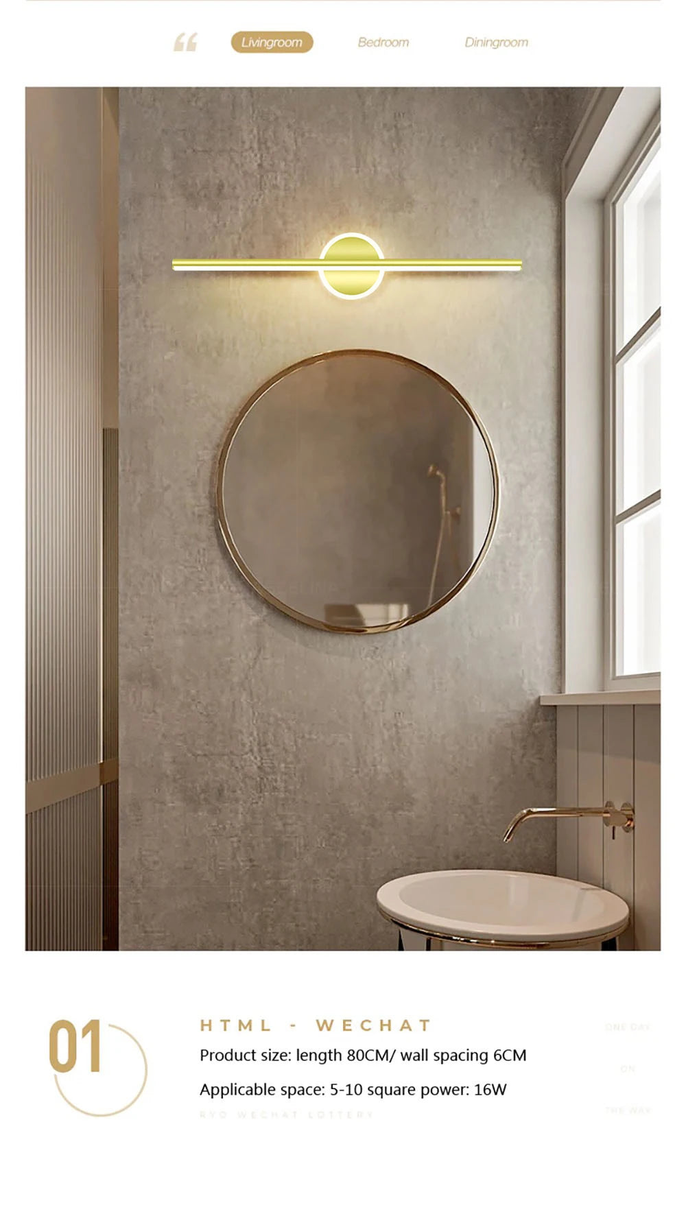 Modern LED Wall Lamp 40/60cm Mirror Black Gold Long Strip Fixture Led Lighting Lamps