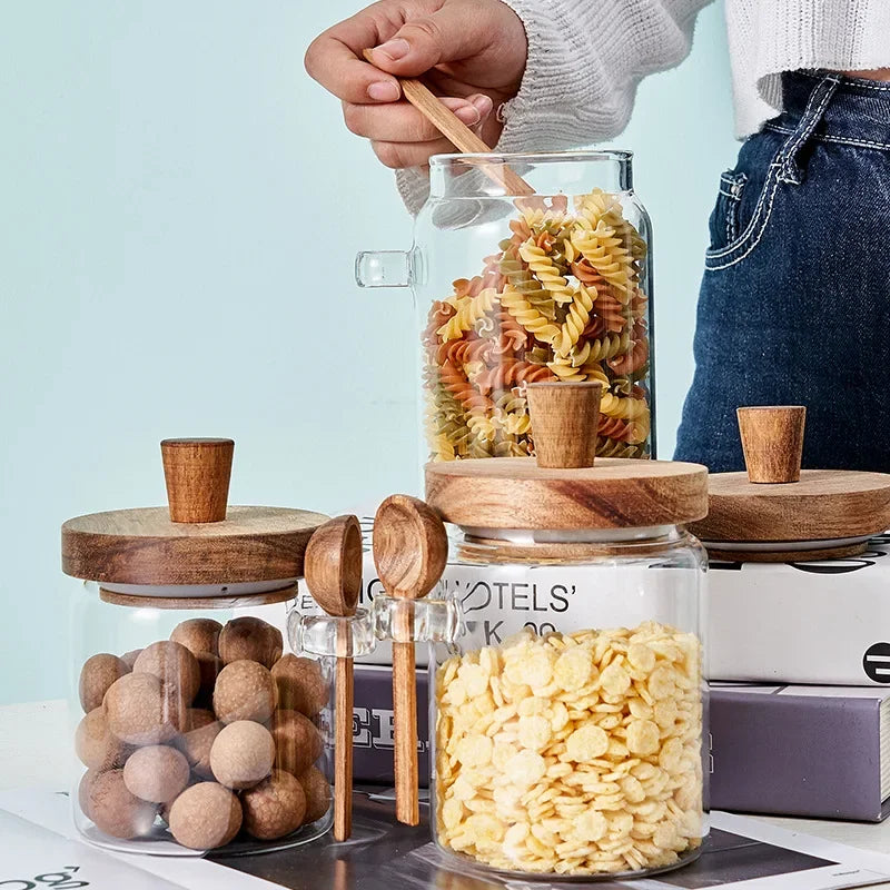 Glass Sealed Jar 5 Grains Storage Can & Wooden Spoon Kitchen Moisture-proof Storage