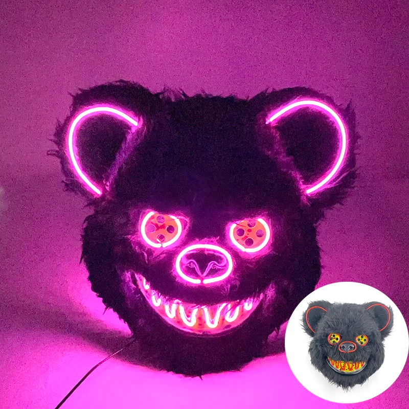 LED Cosplay Glowing Bloody Bear Mask Halloween Plush Rabbit Mask Neon Headgear