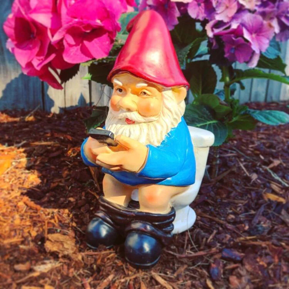 3D Dwarf Toilet Play Phone Statue Sculpture Crafts Garden Lawn Yard Decor