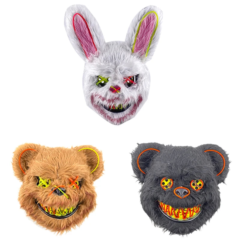 LED Cosplay Glowing Bloody Bear Mask Halloween Plush Rabbit Mask Neon Headgear