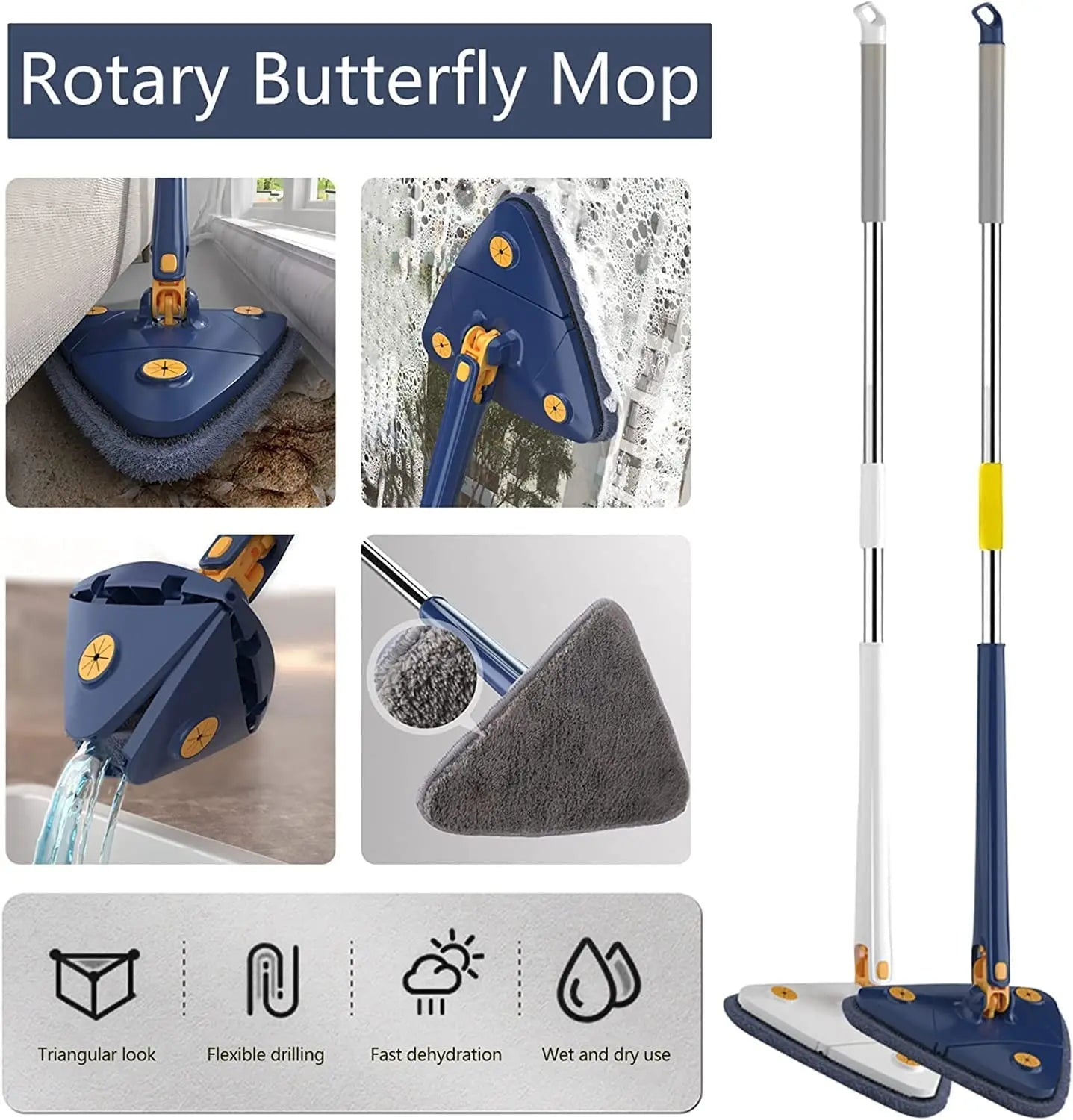 Rotatable Telescopic Triangle Mop 360° Spin Squeeze For Home Floor Ceiling