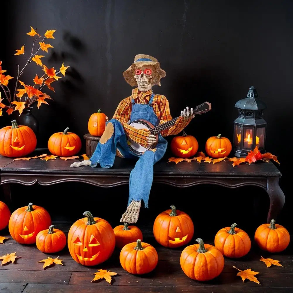 Halloween Animatronics Banjo Skeleton Decorations Musical Country Theme Decor