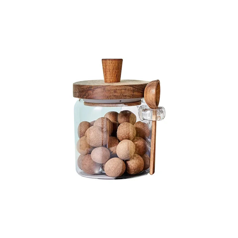 Glass Sealed Jar 5 Grains Storage Can & Wooden Spoon Kitchen Moisture-proof Storage