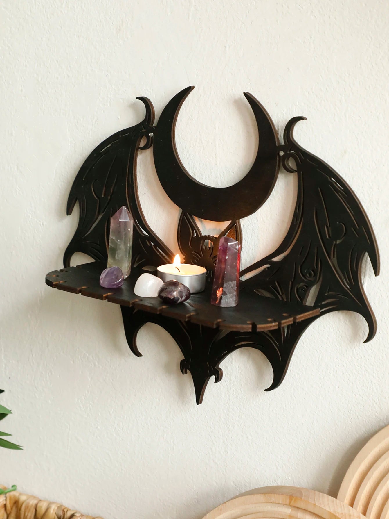 Wooden Wall Shelf Gothic Bat Moon Hollow Pattern Floating Shelf Crystal Holder