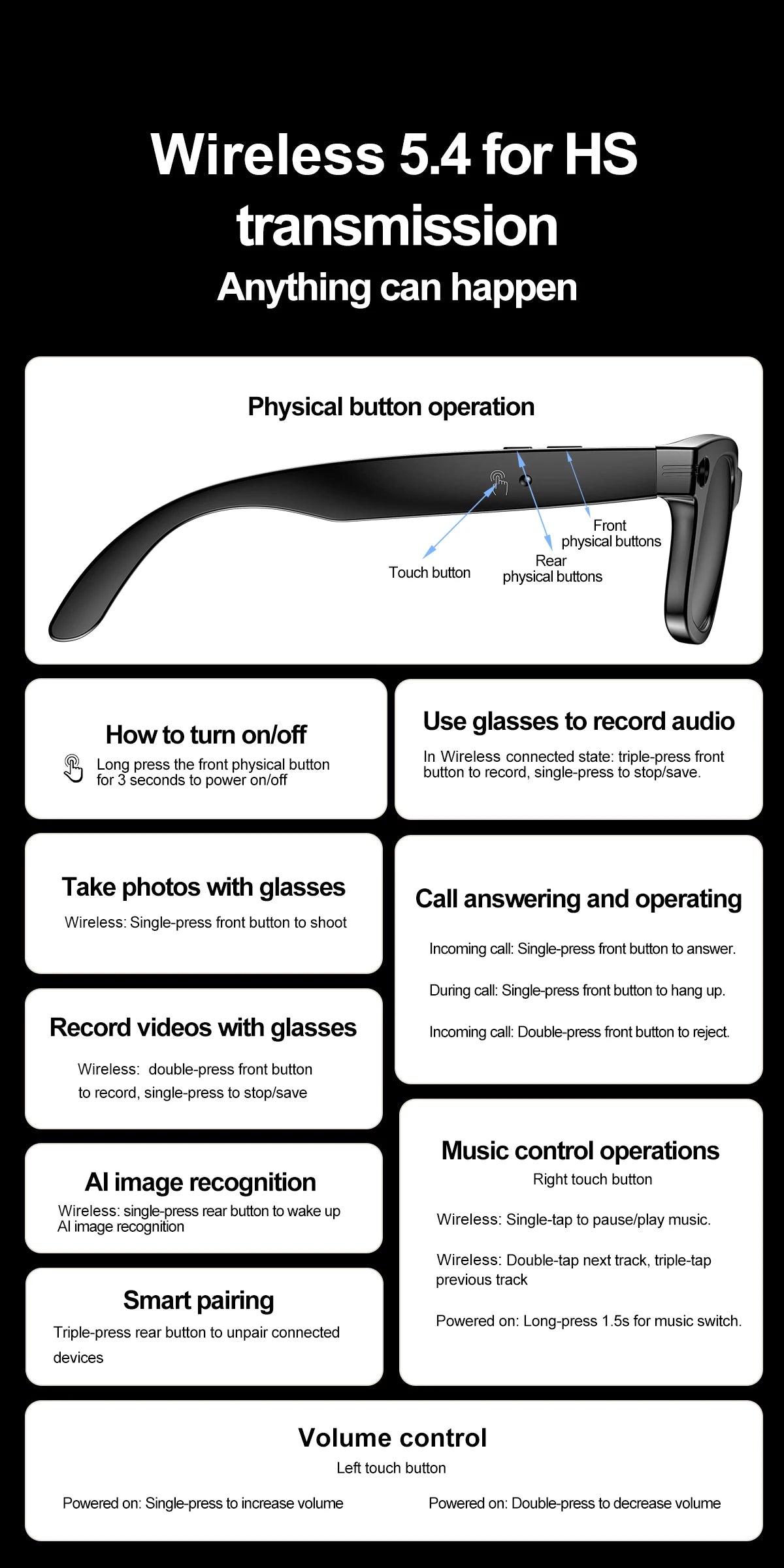 AI Camera Smart Glasses IP65 Waterproof Bluetooth for Call and Music Use ChatGPT