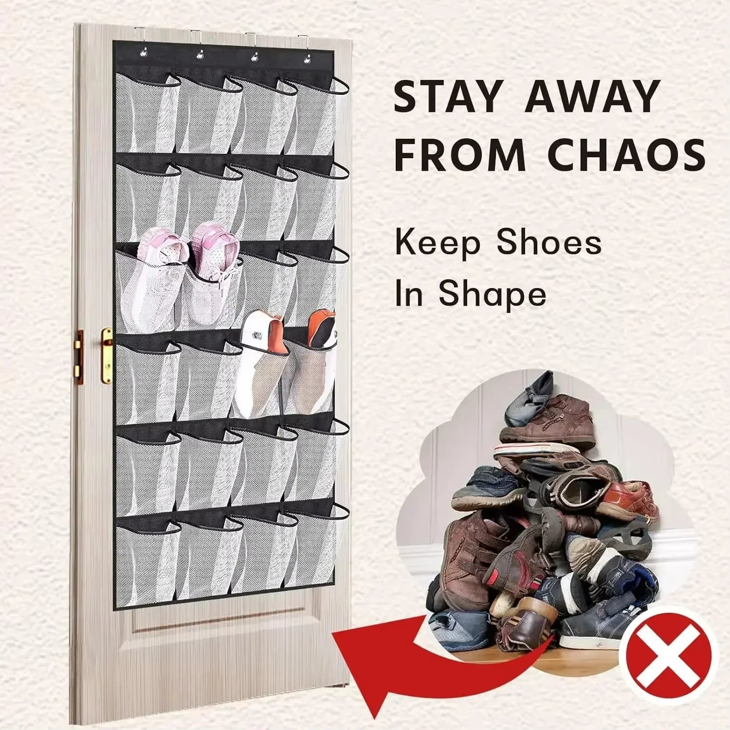 Over-door mesh organizer in use