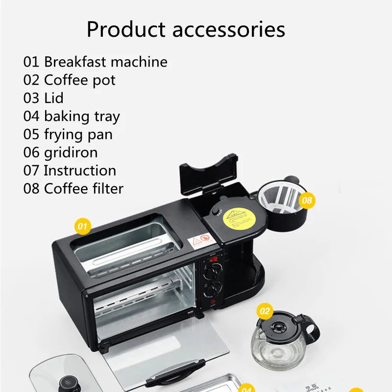 Kitchen 3 In 1 Breakfast Machine Drip Coffee, Toast, Pizza Maker