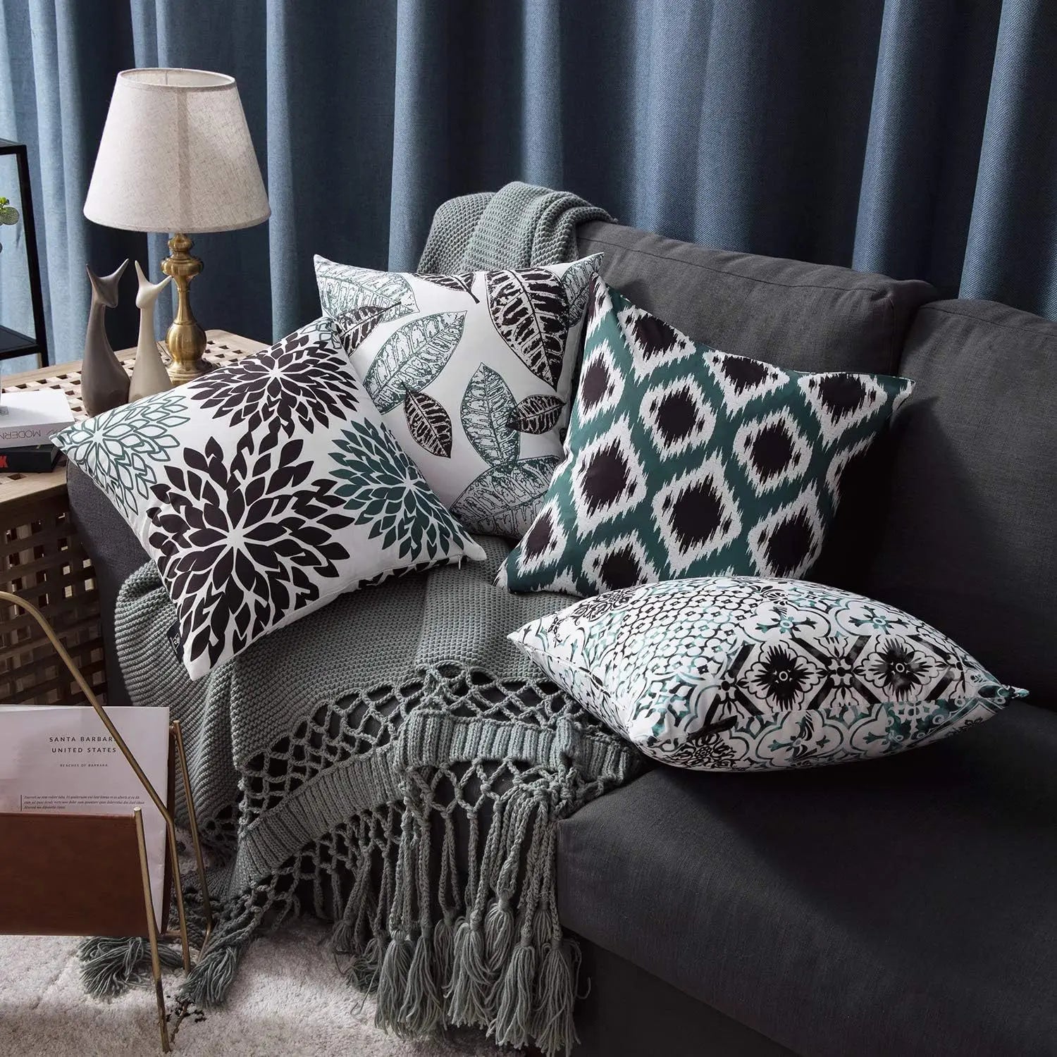 Velvet pillow covers on sofa