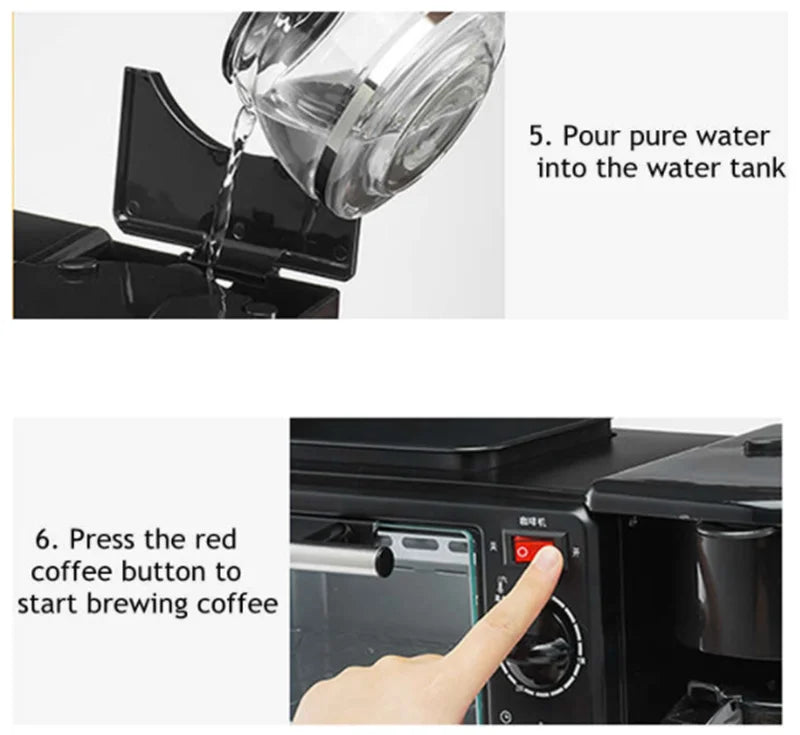 Kitchen 3 In 1 Breakfast Machine Drip Coffee, Toast, Pizza Maker