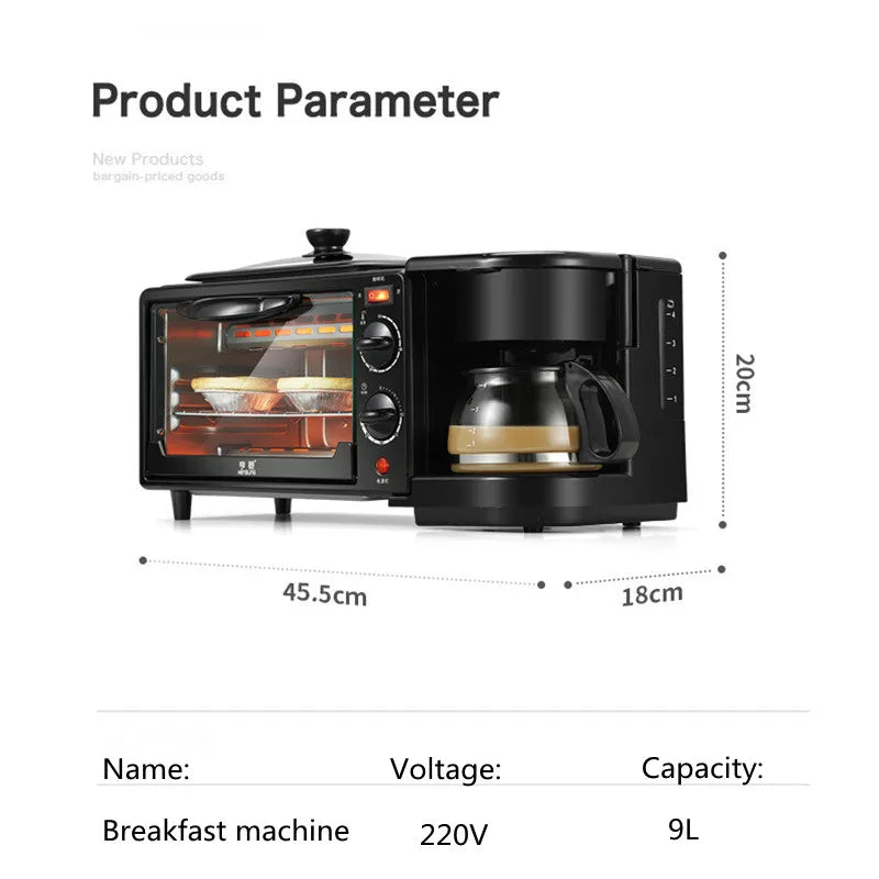 Kitchen 3 In 1 Breakfast Machine Drip Coffee, Toast, Pizza Maker