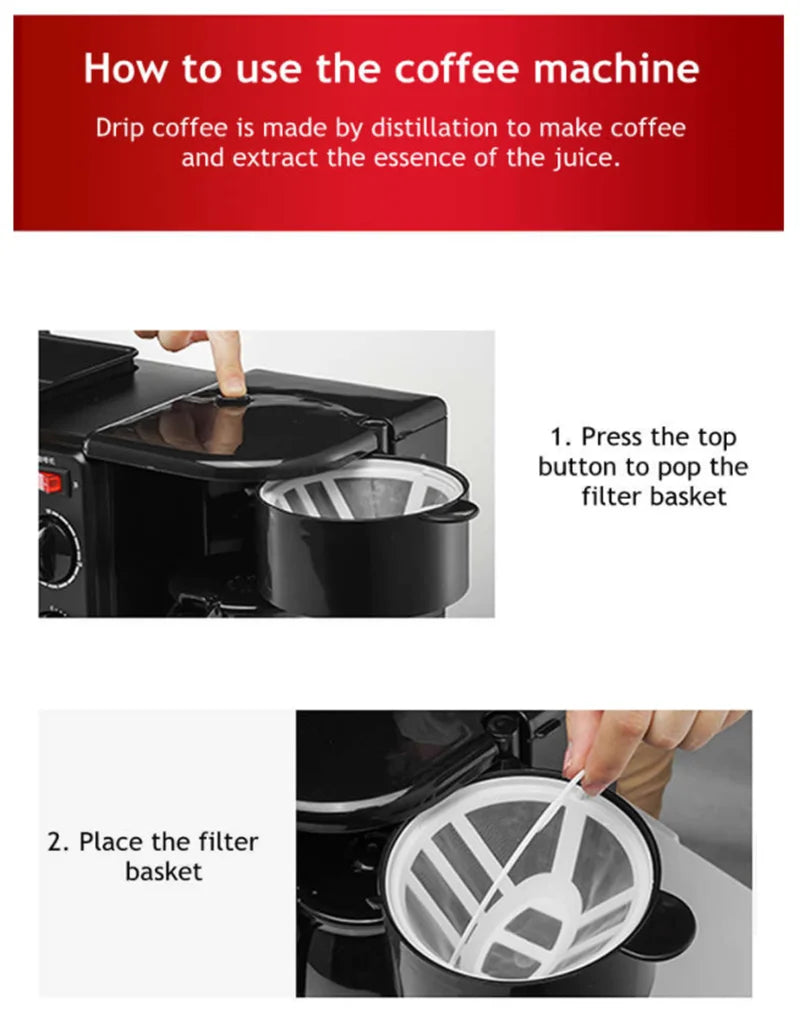 Kitchen 3 In 1 Breakfast Machine Drip Coffee, Toast, Pizza Maker