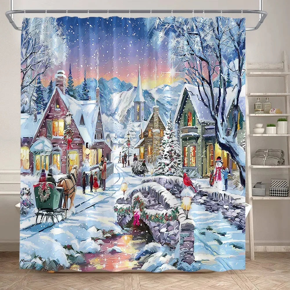 Christmas Shower Curtain Set Snowman Red Birds Gifts Forest Cedar Bath Mat Toilet Cover