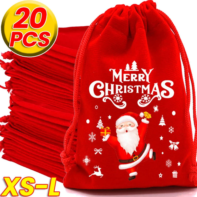 20/1Pcs Red Christmas Velvet Bags Drawstring Santa Gift Pouch Candy Snack Wrapping Bag