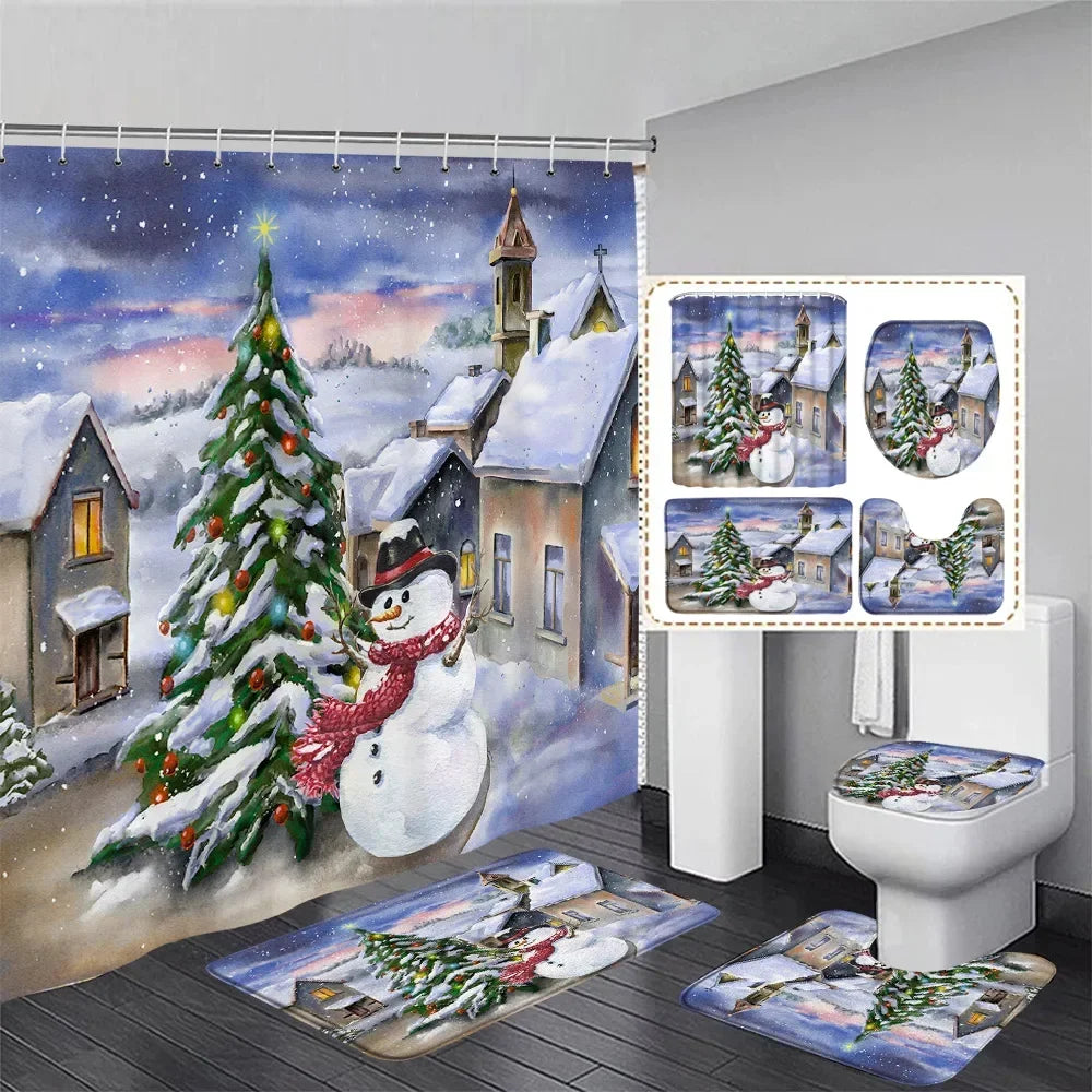 Christmas Shower Curtain Set Snowman Red Birds Gifts Forest Cedar Bath Mat Toilet Cover