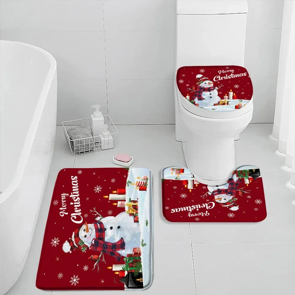 Christmas Shower Curtain Set Snowman Red Birds Gifts Forest Cedar Bath Mat Toilet Cover