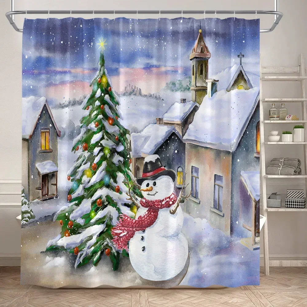 Christmas Shower Curtain Set Snowman Red Birds Gifts Forest Cedar Bath Mat Toilet Cover
