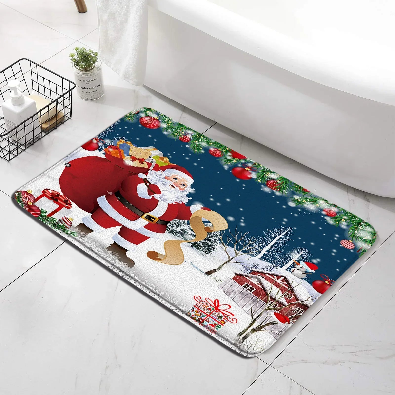 Christmas Shower Curtain Set Snowman Red Birds Gifts Forest Cedar Bath Mat Toilet Cover