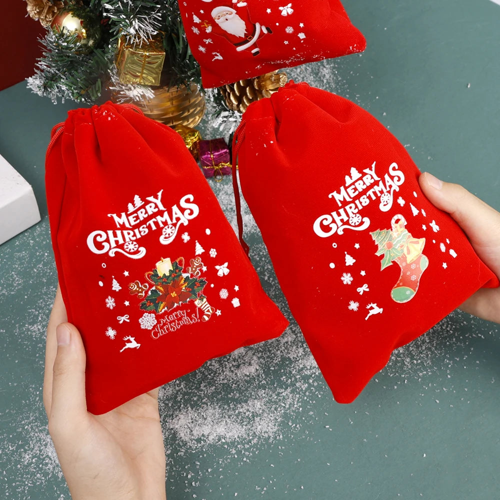 20/1Pcs Red Christmas Velvet Bags Drawstring Santa Gift Pouch Candy Snack Wrapping Bag