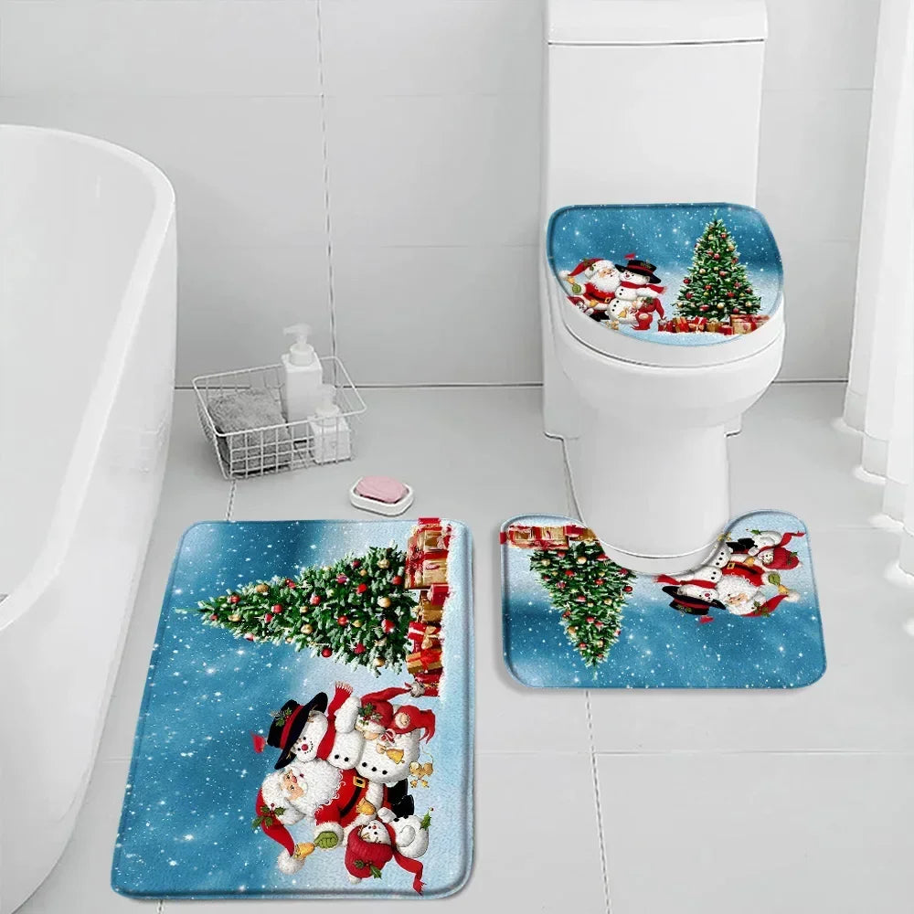 Christmas Shower Curtain Set Snowman Red Birds Gifts Forest Cedar Bath Mat Toilet Cover