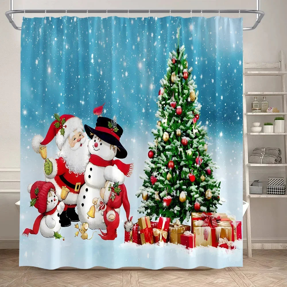 Christmas Shower Curtain Set Snowman Red Birds Gifts Forest Cedar Bath Mat Toilet Cover
