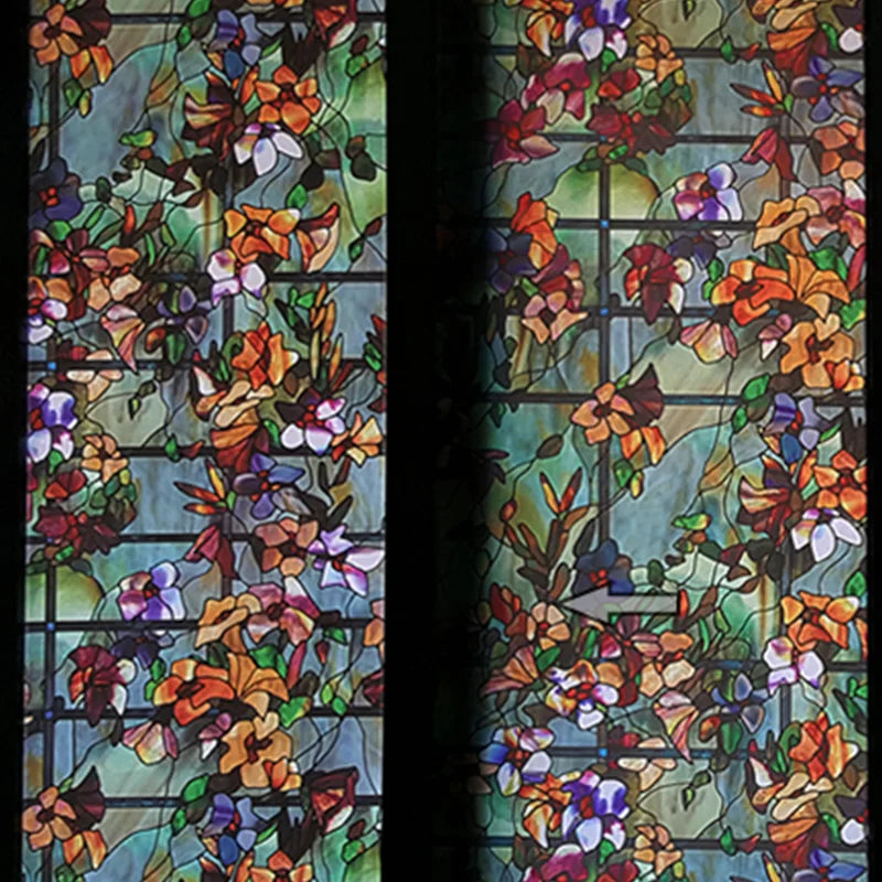 Window Privacy Film Vintage Autumn Floral Print Stained Glass Window Clings Static UV Heat Blocking