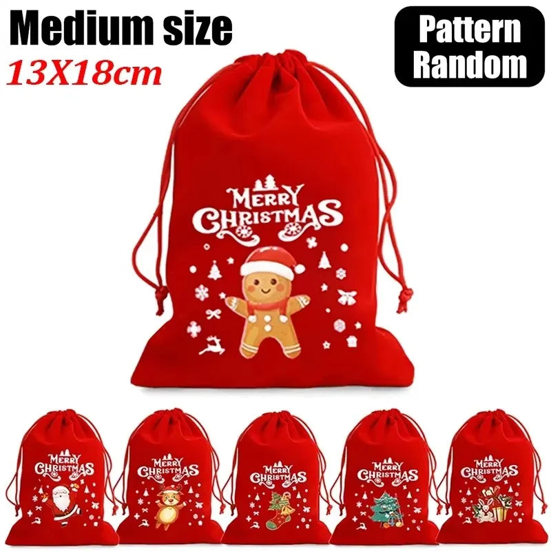 20/1Pcs Red Christmas Velvet Bags Drawstring Santa Gift Pouch Candy Snack Wrapping Bag