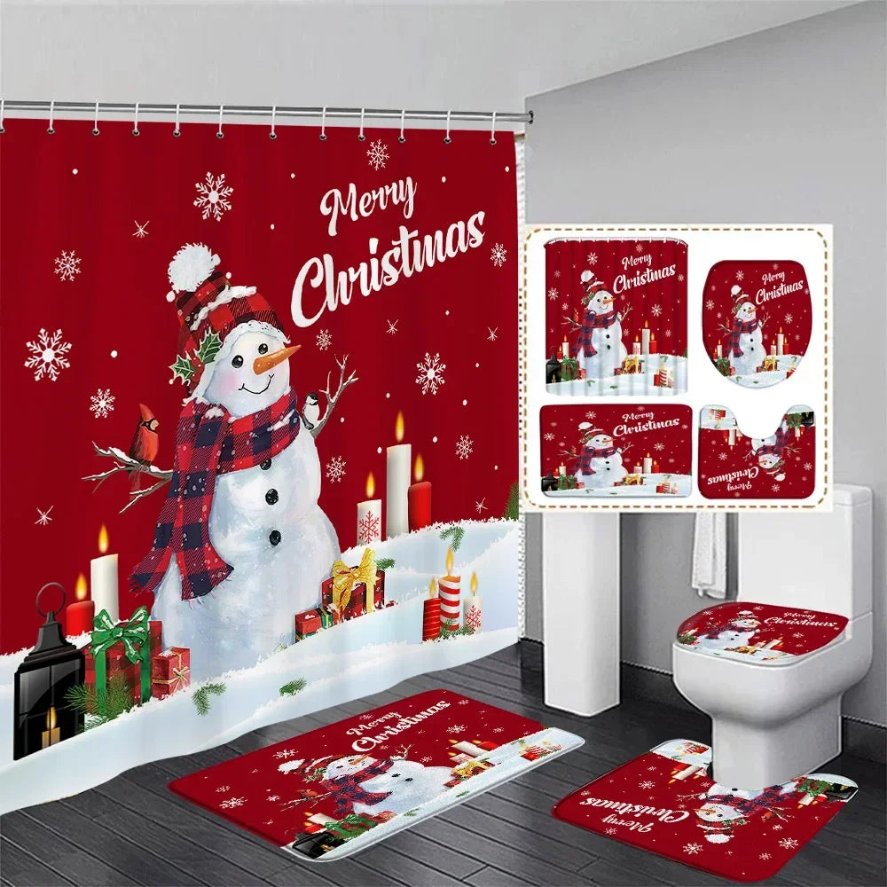 Christmas Shower Curtain Set Snowman Red Birds Gifts Forest Cedar Bath Mat Toilet Cover