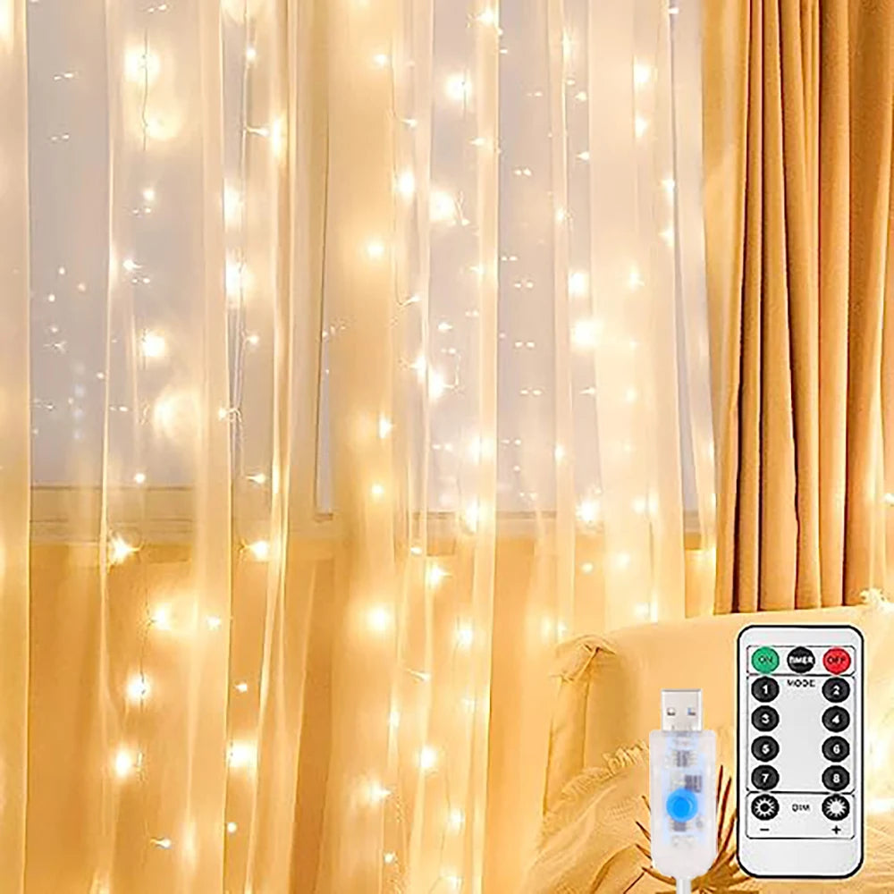 LED Curtain Garland Lights 8 Modes USB Power Remote Control Waterproof Fairy Lighting