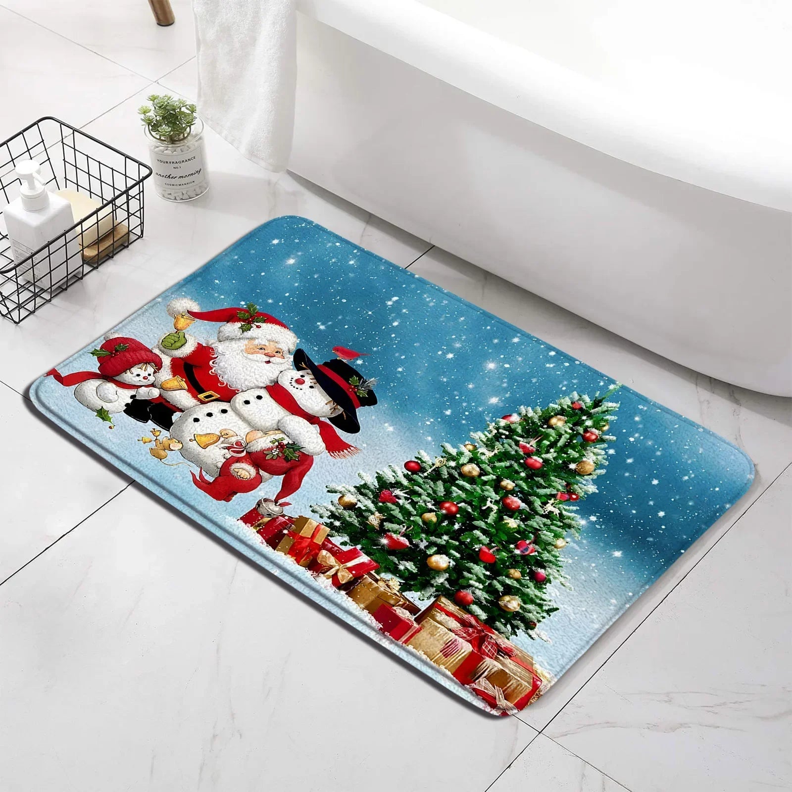 Christmas Shower Curtain Set Snowman Red Birds Gifts Forest Cedar Bath Mat Toilet Cover