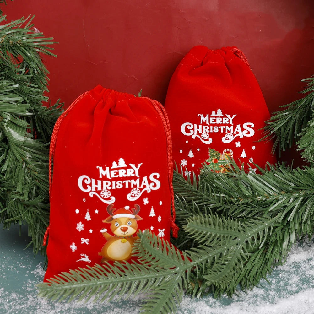20/1Pcs Red Christmas Velvet Bags Drawstring Santa Gift Pouch Candy Snack Wrapping Bag