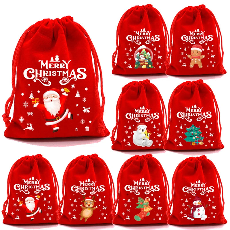 20/1Pcs Red Christmas Velvet Bags Drawstring Santa Gift Pouch Candy Snack Wrapping Bag