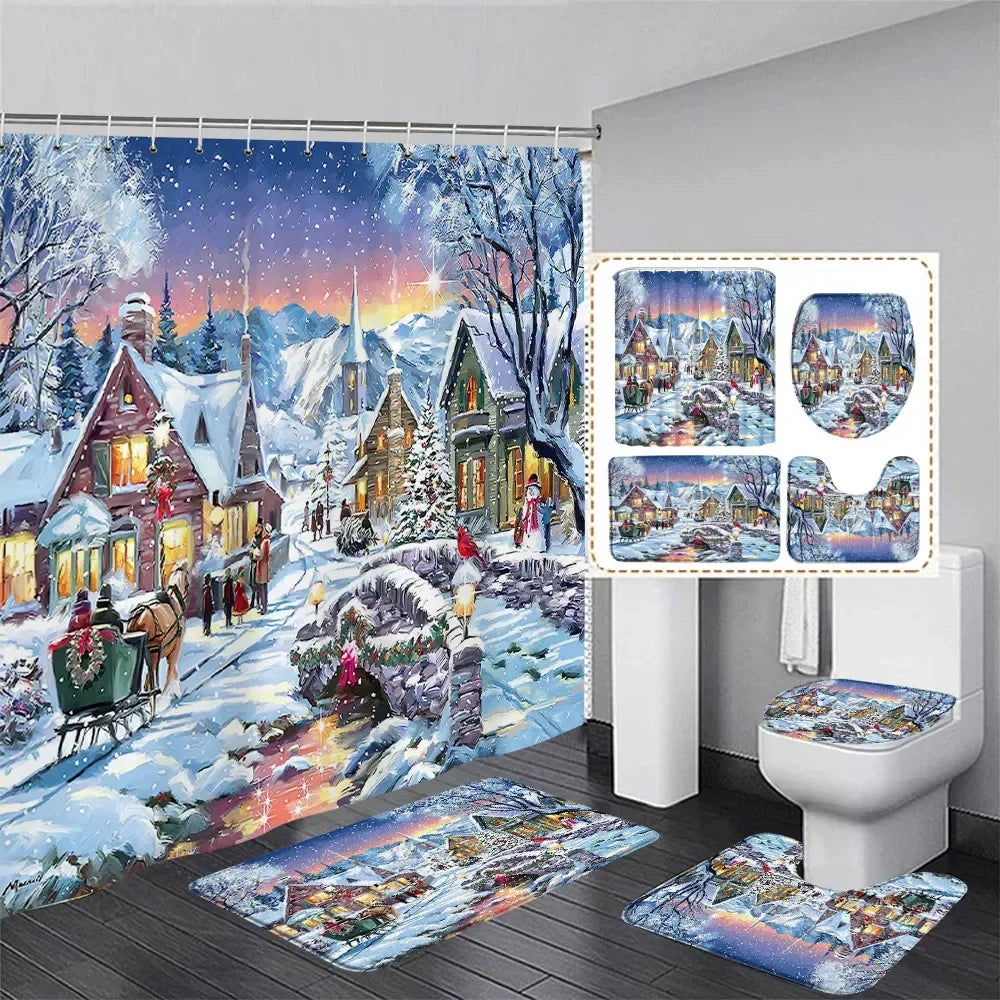 Christmas Shower Curtain Set Snowman Red Birds Gifts Forest Cedar Bath Mat Toilet Cover