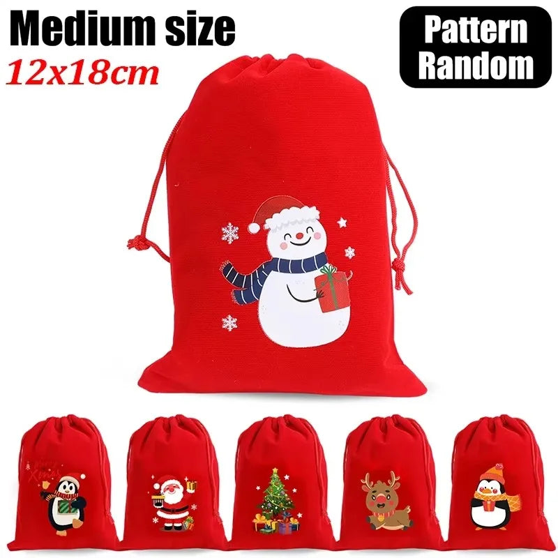 20/1Pcs Red Christmas Velvet Bags Drawstring Santa Gift Pouch Candy Snack Wrapping Bag