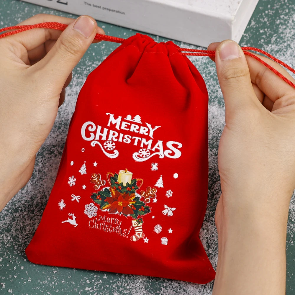 20/1Pcs Red Christmas Velvet Bags Drawstring Santa Gift Pouch Candy Snack Wrapping Bag