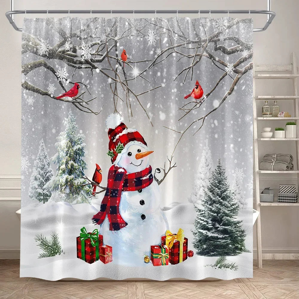 Christmas Shower Curtain Set Snowman Red Birds Gifts Forest Cedar Bath Mat Toilet Cover