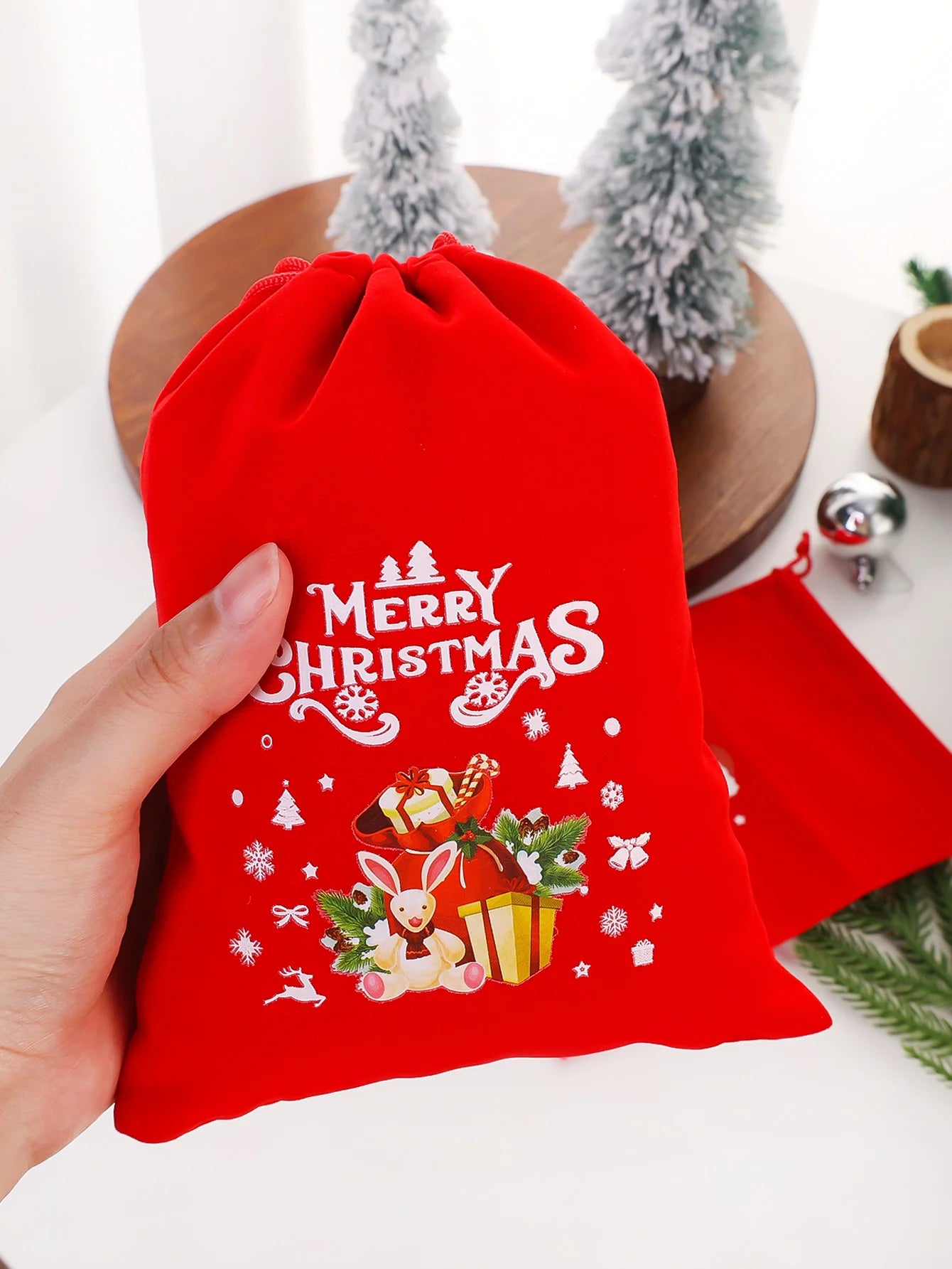20/1Pcs Red Christmas Velvet Bags Drawstring Santa Gift Pouch Candy Snack Wrapping Bag