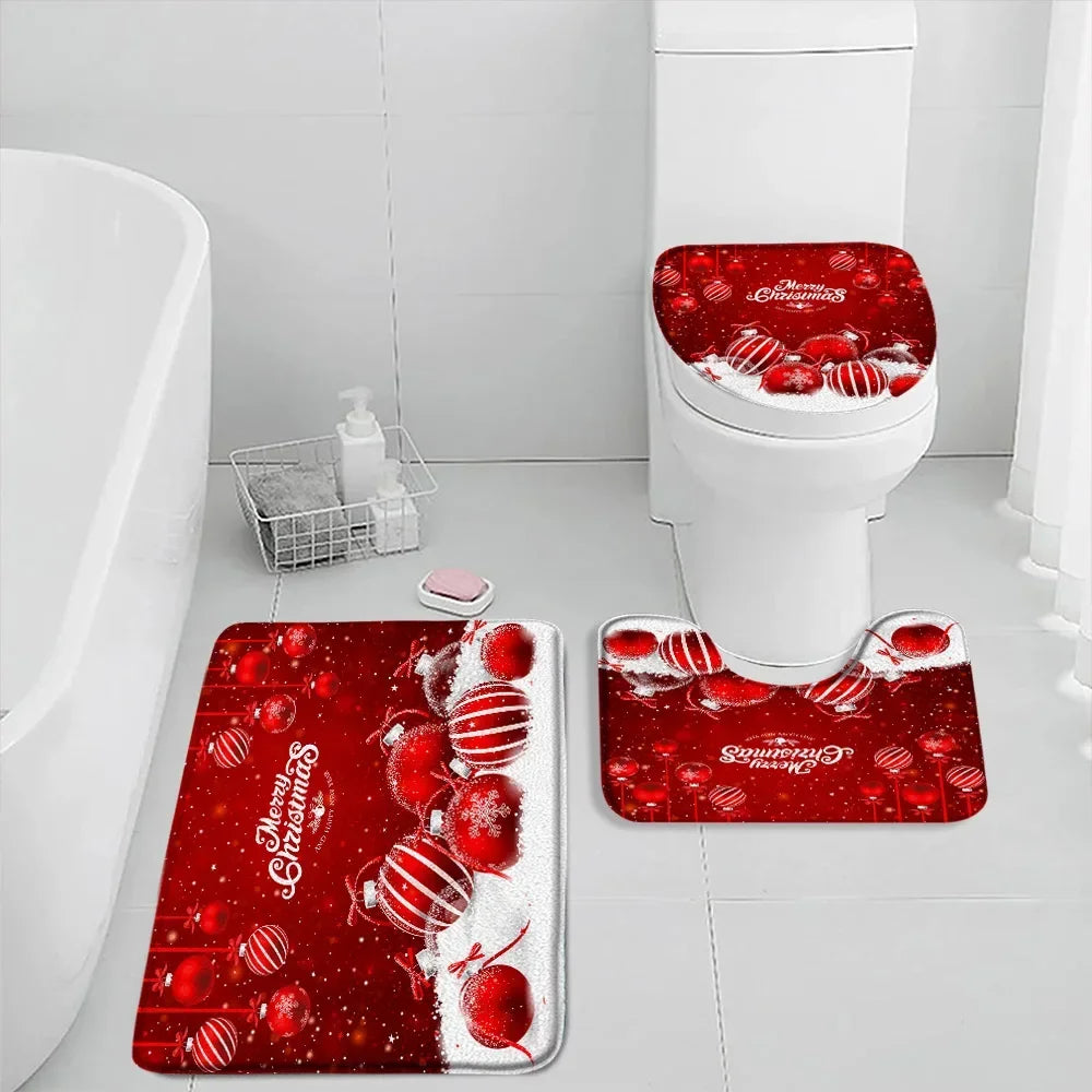 Christmas Shower Curtain Set Snowman Red Birds Gifts Forest Cedar Bath Mat Toilet Cover