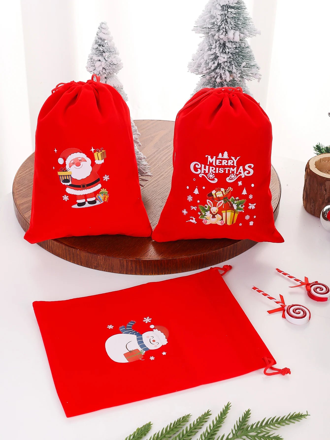 20/1Pcs Red Christmas Velvet Bags Drawstring Santa Gift Pouch Candy Snack Wrapping Bag