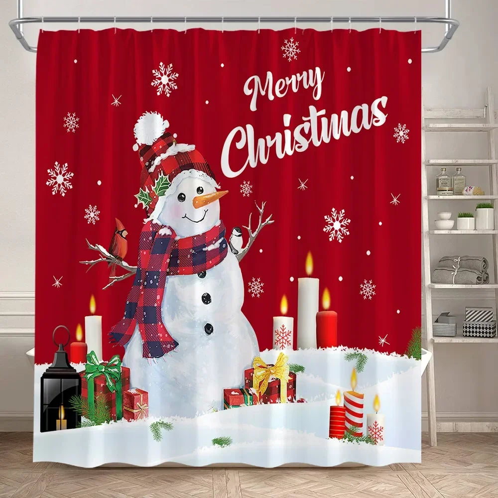 Christmas Shower Curtain Set Snowman Red Birds Gifts Forest Cedar Bath Mat Toilet Cover