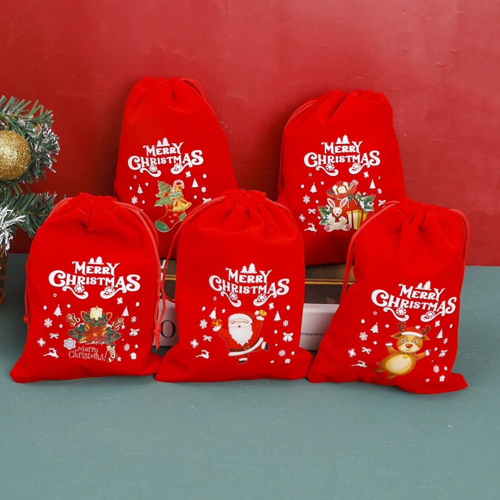 20/1Pcs Red Christmas Velvet Bags Drawstring Santa Gift Pouch Candy Snack Wrapping Bag