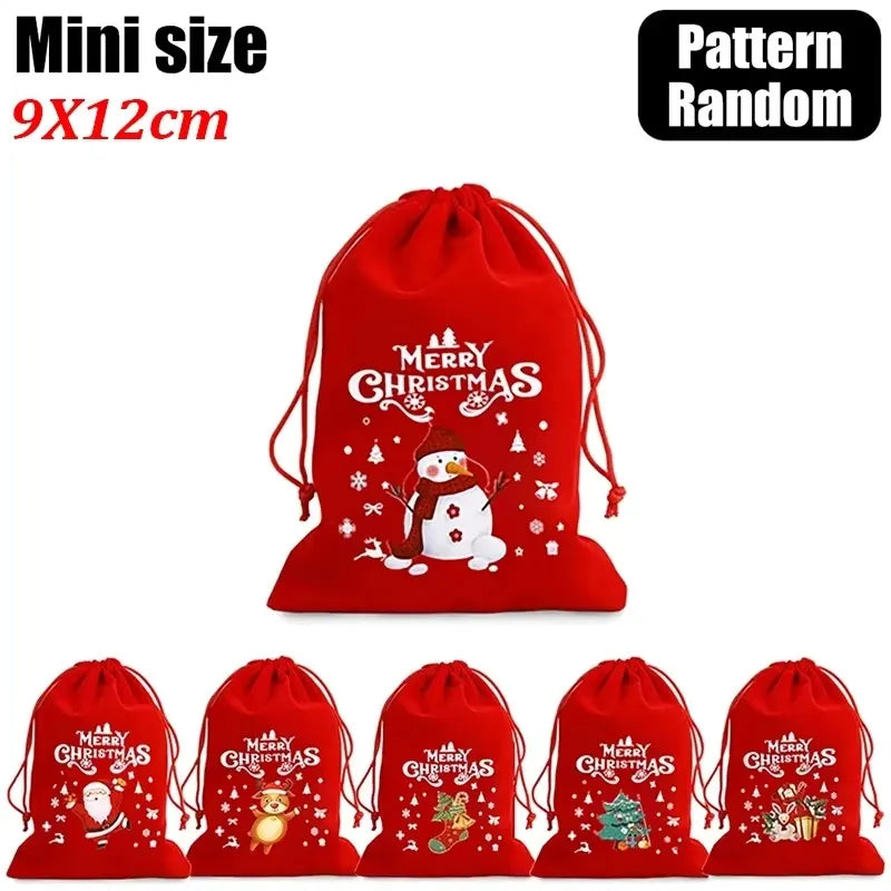 20/1Pcs Red Christmas Velvet Bags Drawstring Santa Gift Pouch Candy Snack Wrapping Bag