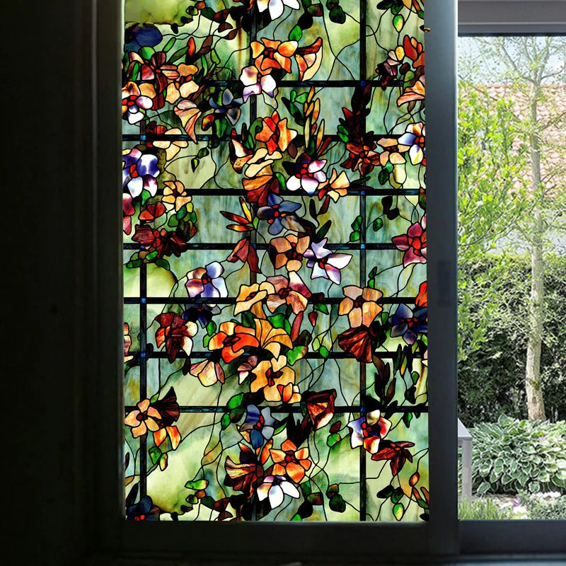 Window Privacy Film Vintage Autumn Floral Print Stained Glass Window Clings Static UV Heat Blocking