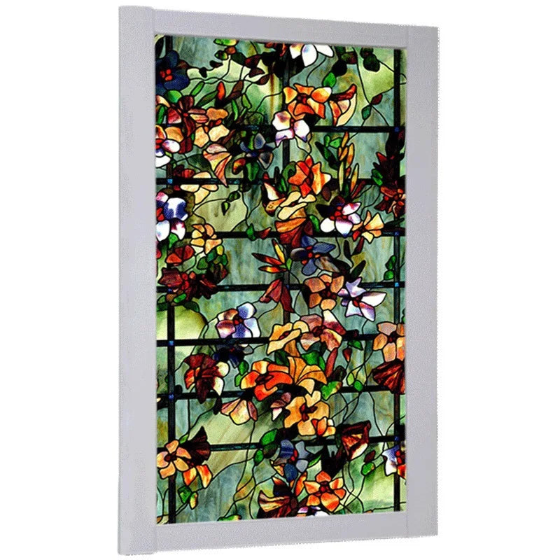 Window Privacy Film Vintage Autumn Floral Print Stained Glass Window Clings Static UV Heat Blocking