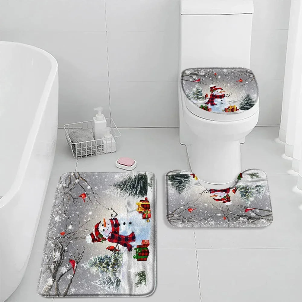 Christmas Shower Curtain Set Snowman Red Birds Gifts Forest Cedar Bath Mat Toilet Cover