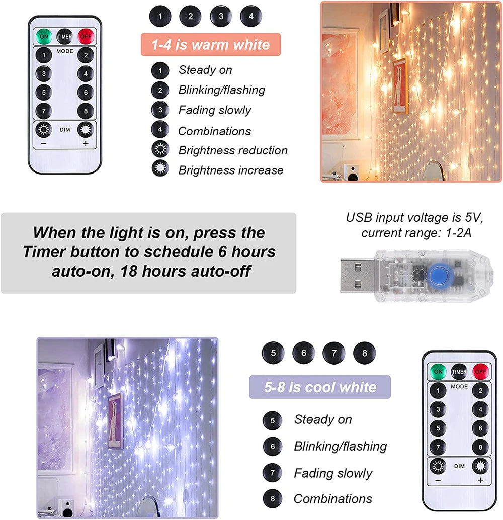 LED Curtain Garland Lights 8 Modes USB Power Remote Control Waterproof Fairy Lighting