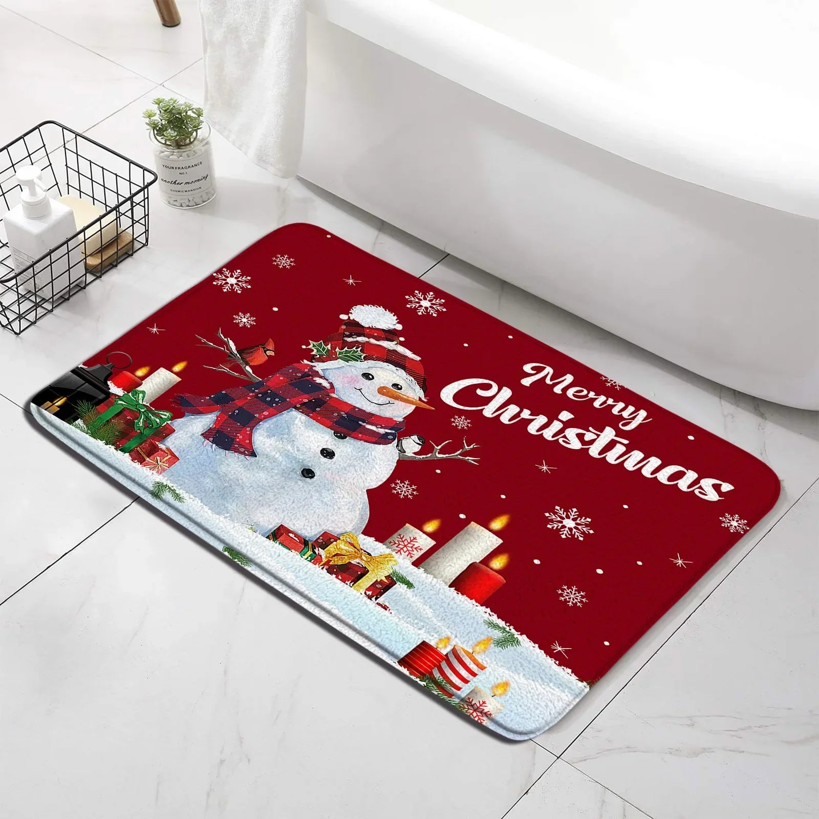 Christmas Shower Curtain Set Snowman Red Birds Gifts Forest Cedar Bath Mat Toilet Cover